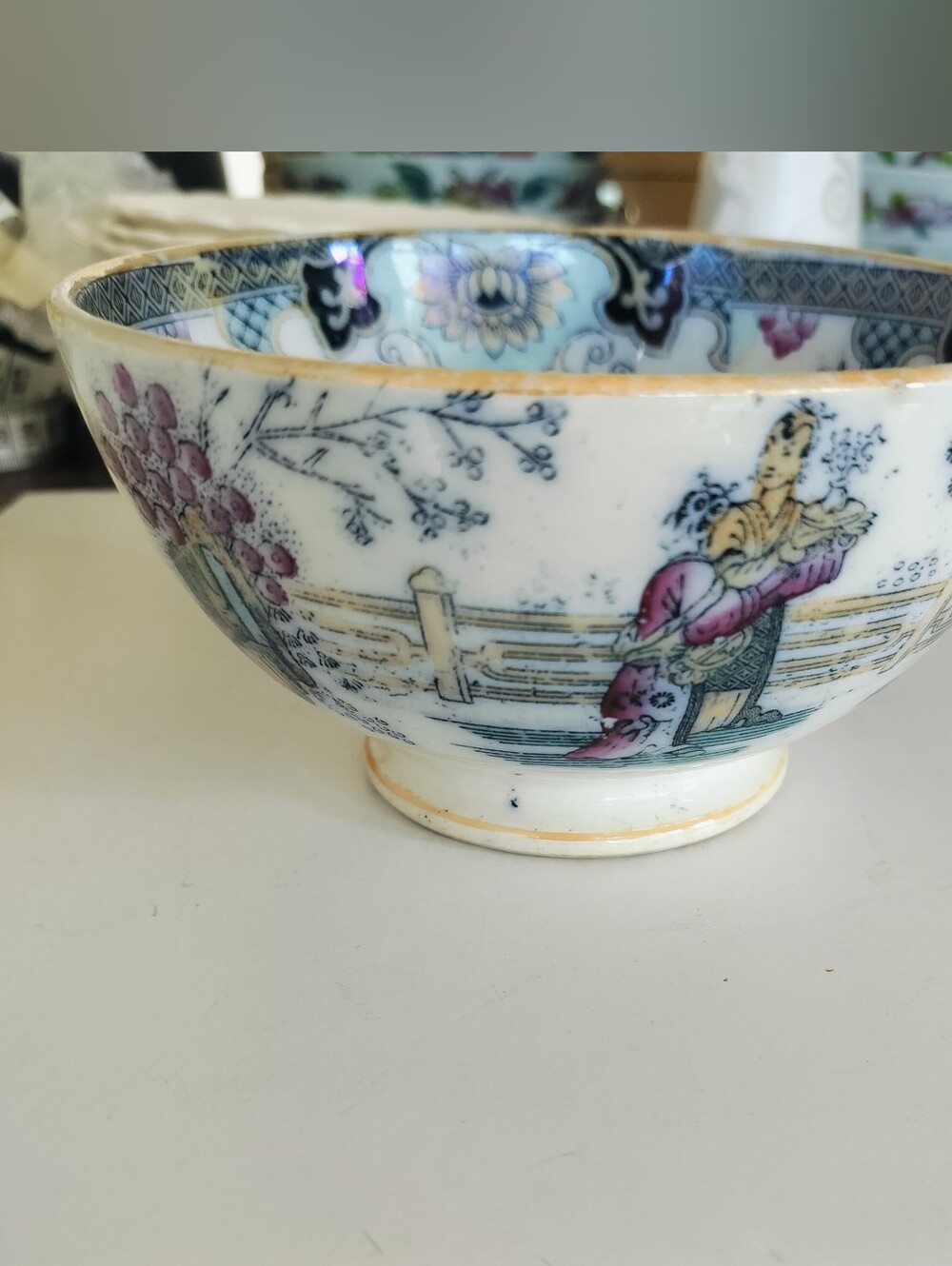 Antique 1880s Petrus Regout & Co. Maastricht Canton Chinoiserie 6" Footed Bowl